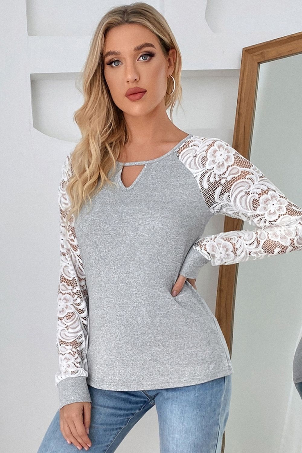 Hollow Lace Sleeve Round Neck Blouse