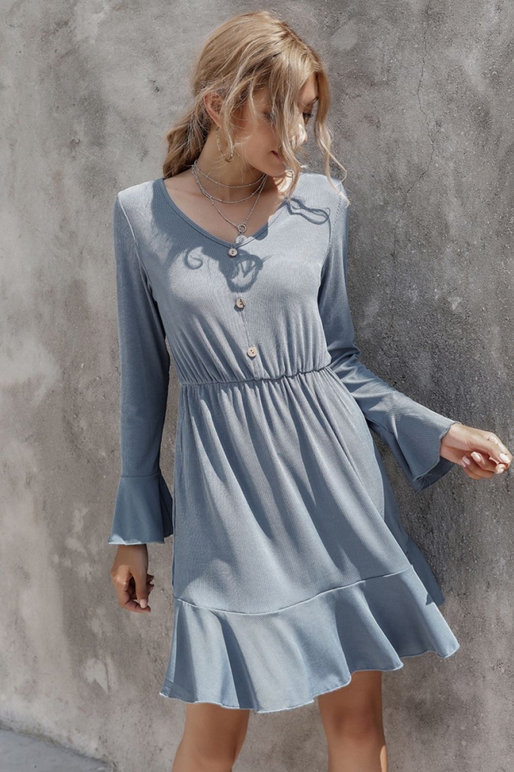 V-Neck Solid Color Long-Sleeved Dress