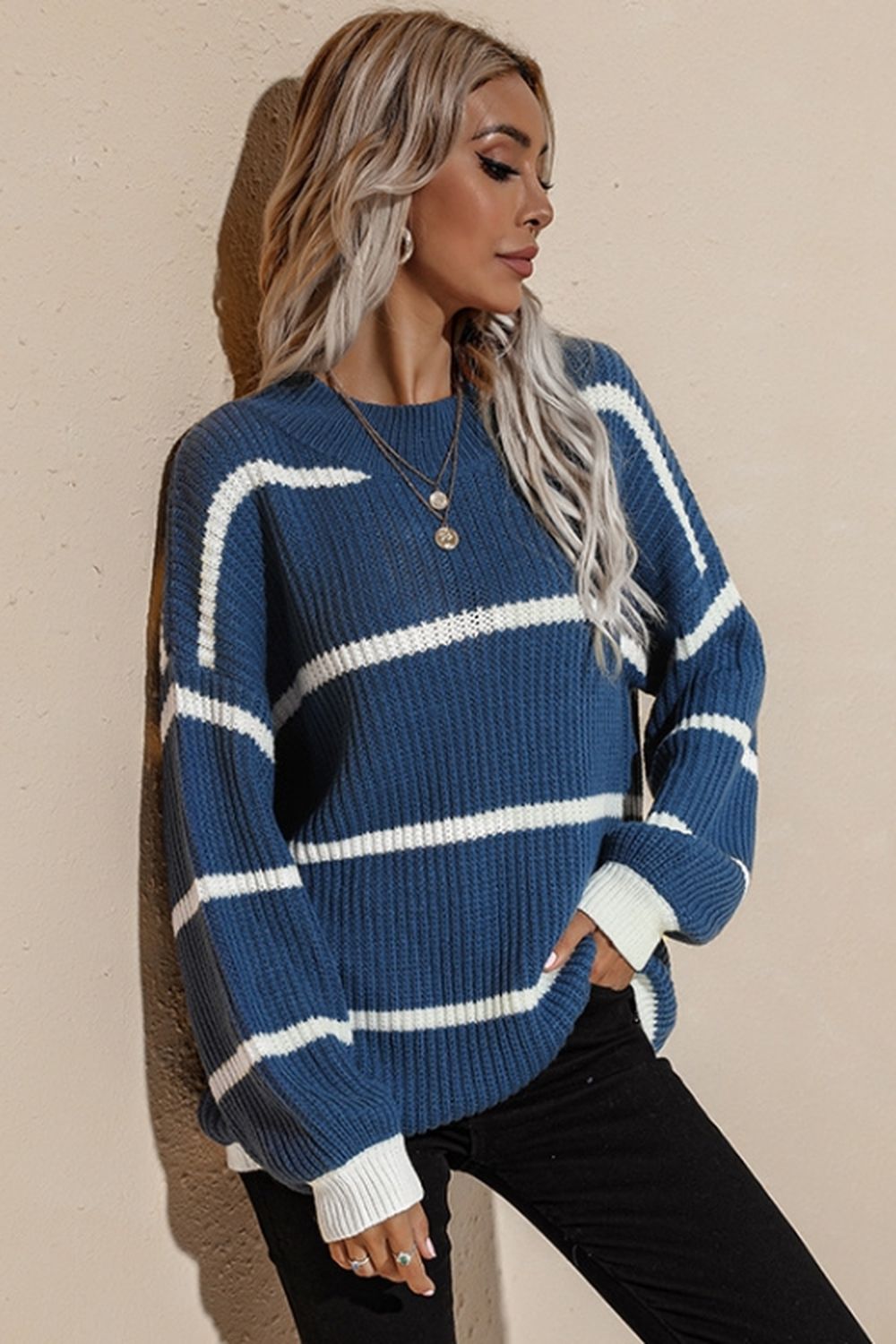 Round Neck Loose Striped Knit Pullover