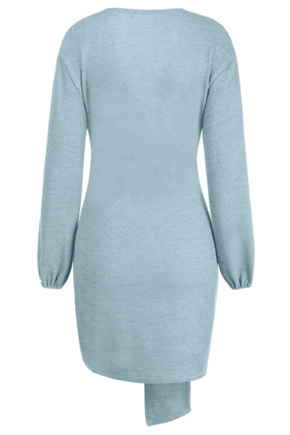 Long-Sleeved V-Neck Tie Solid Color Dress