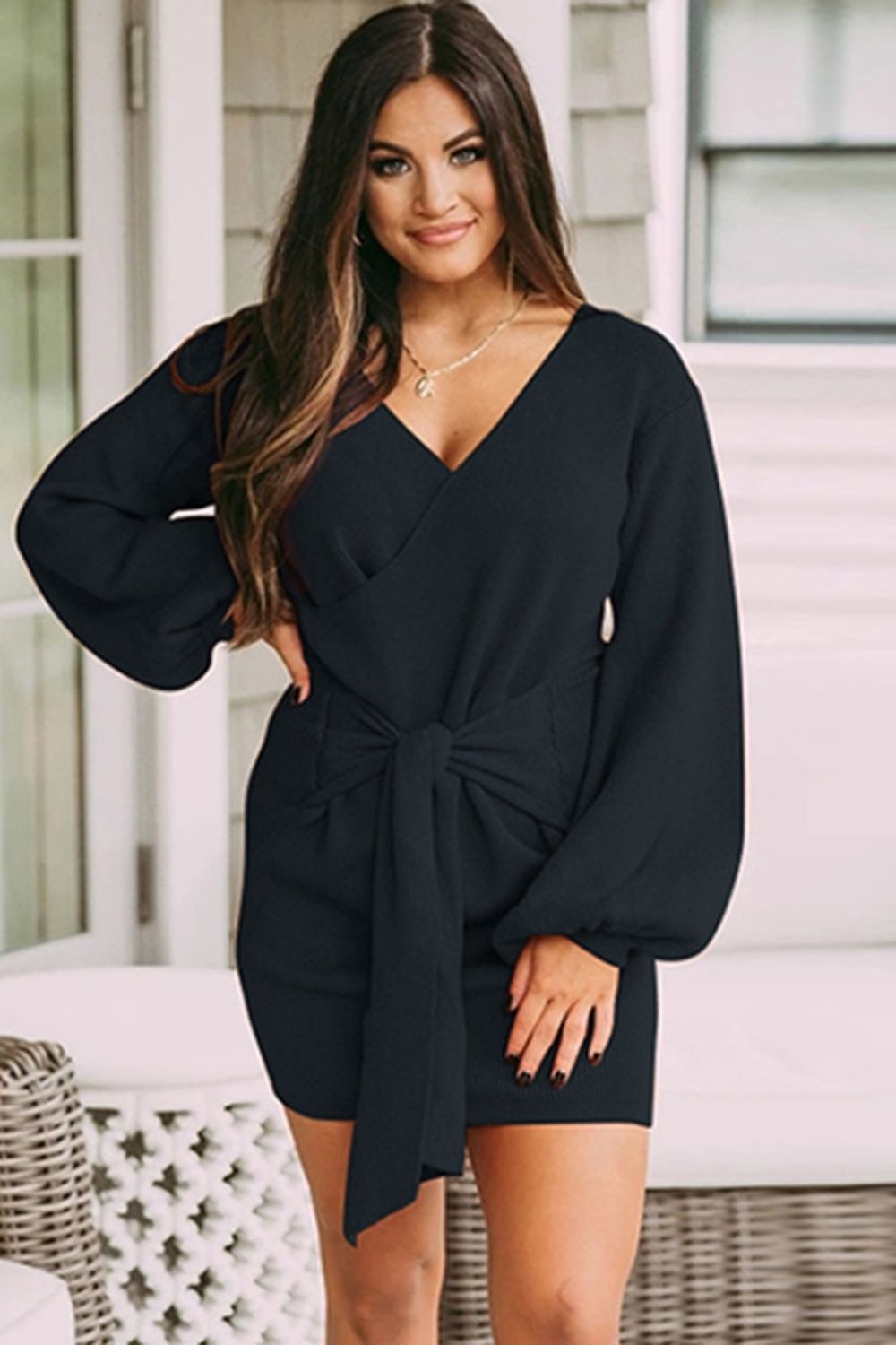 Long-Sleeved V-Neck Tie Solid Color Dress