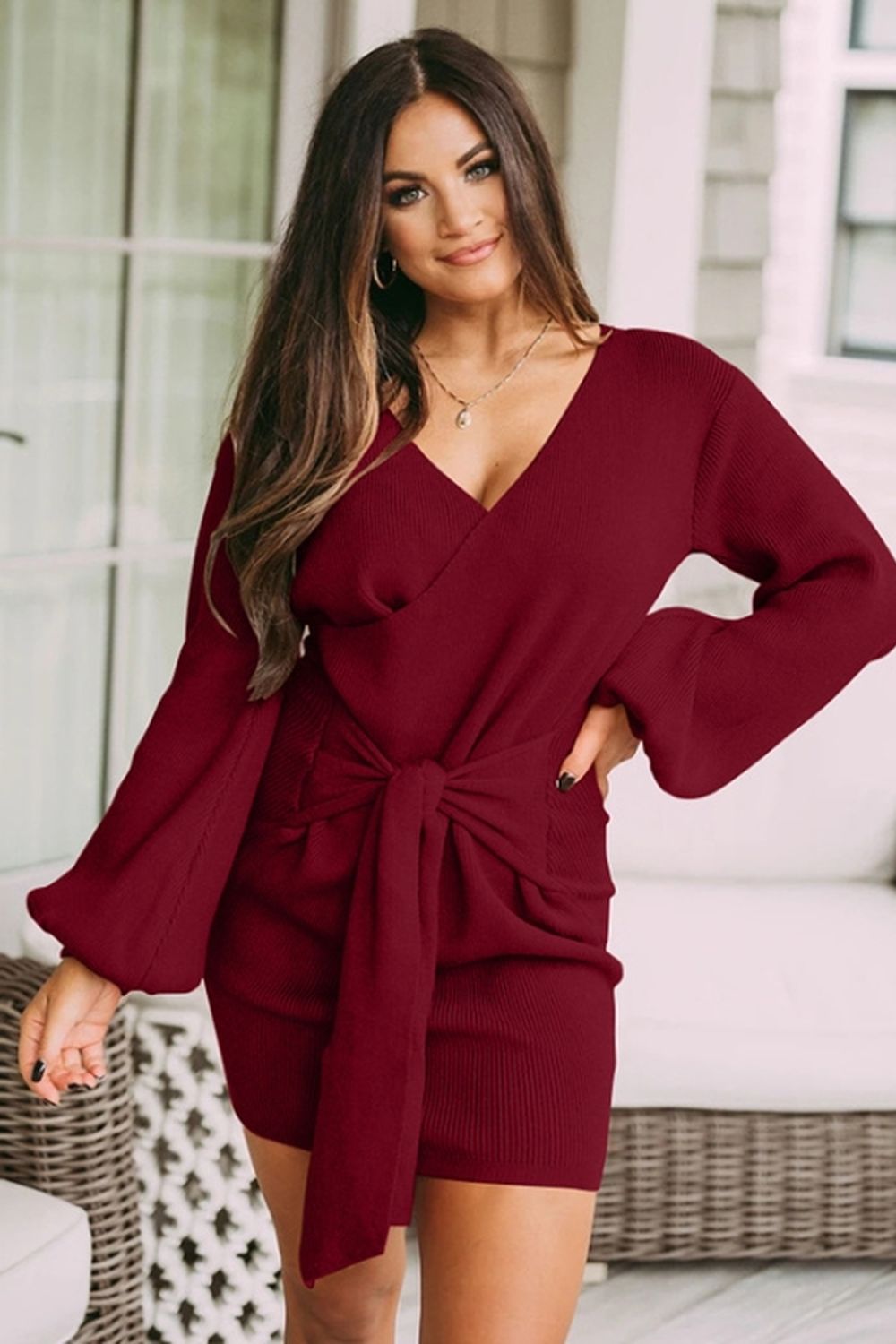 Long-Sleeved V-Neck Tie Solid Color Dress