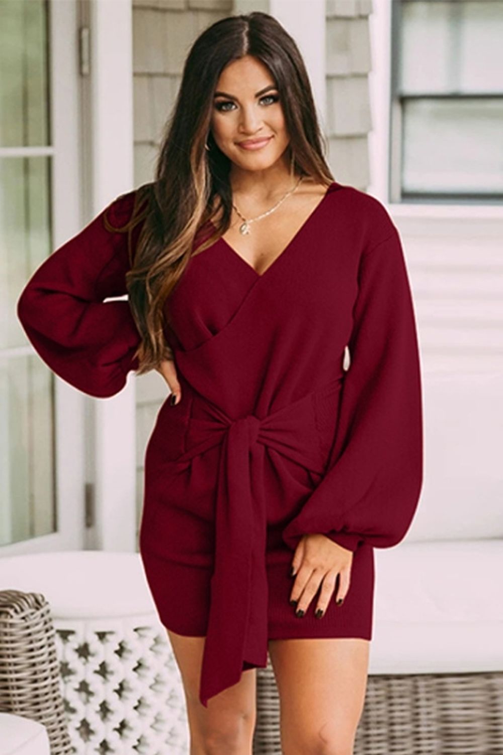 Long-Sleeved V-Neck Tie Solid Color Dress