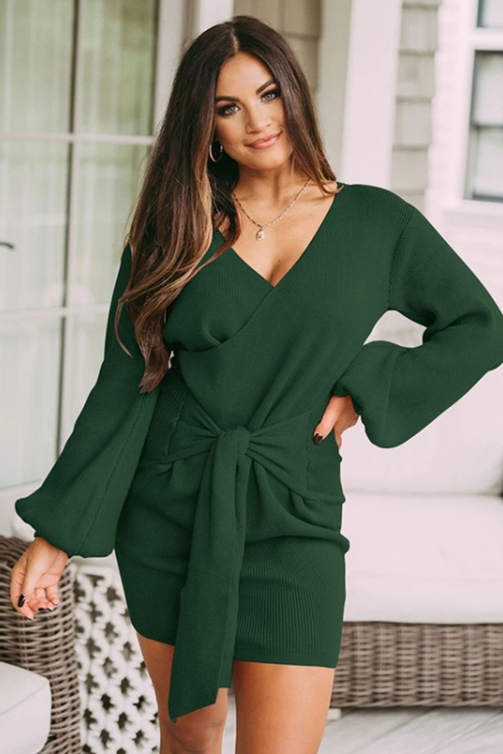 Long-Sleeved V-Neck Tie Solid Color Dress