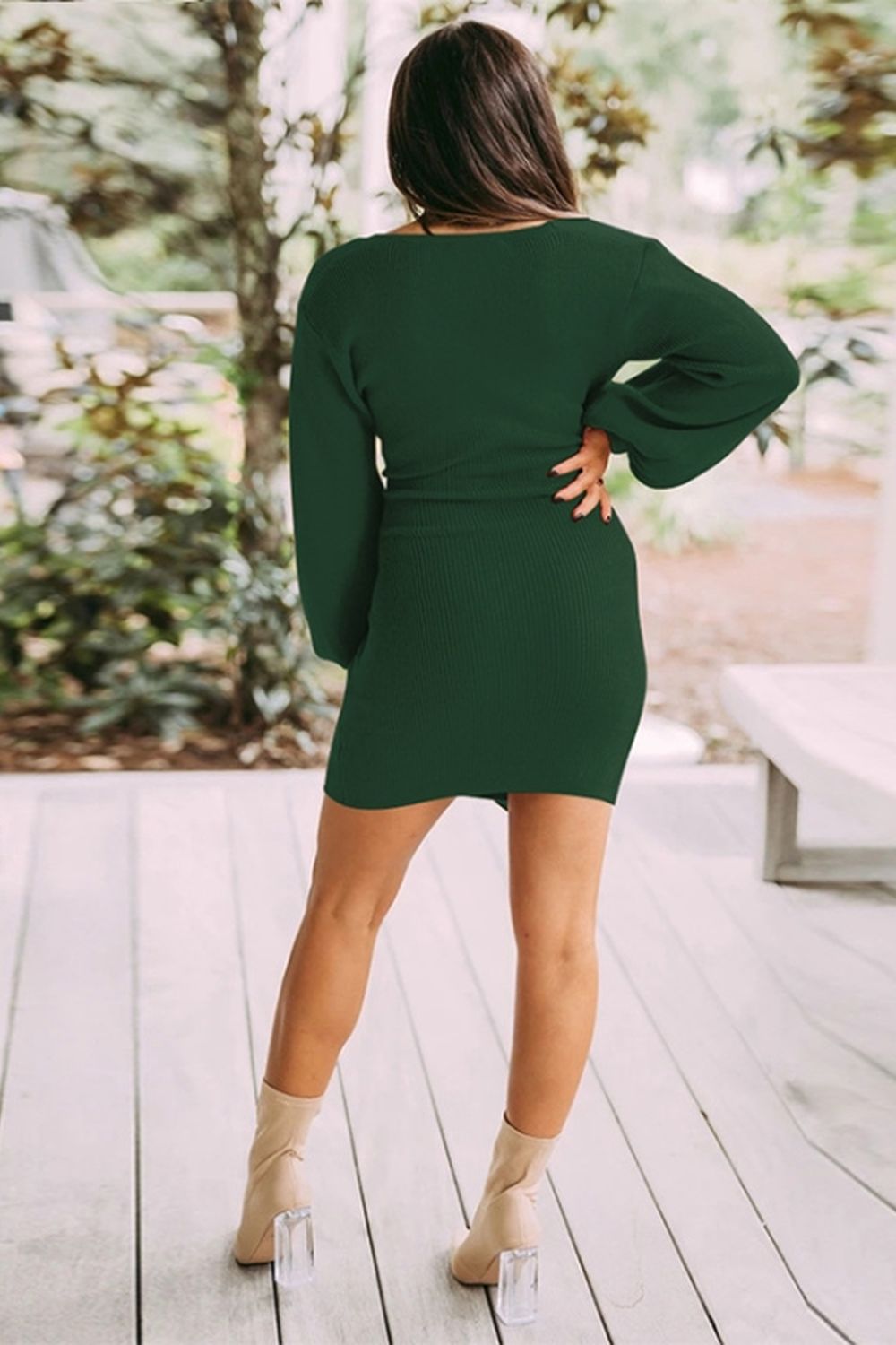 Long-Sleeved V-Neck Tie Solid Color Dress