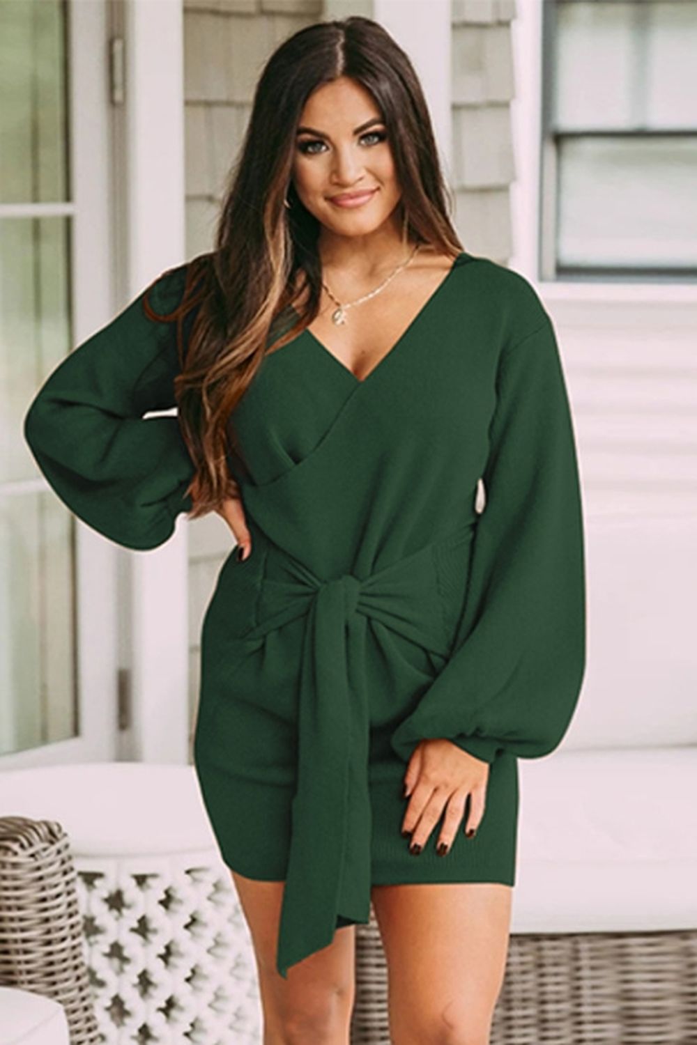 Long-Sleeved V-Neck Tie Solid Color Dress