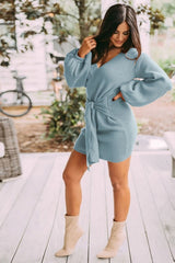 Long-Sleeved V-Neck Tie Solid Color Dress