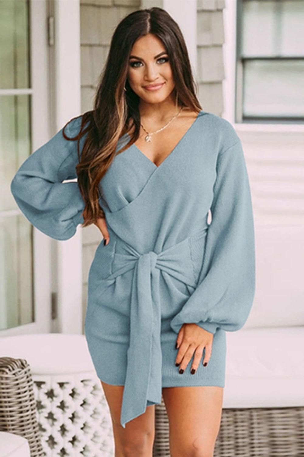 Long-Sleeved V-Neck Tie Solid Color Dress