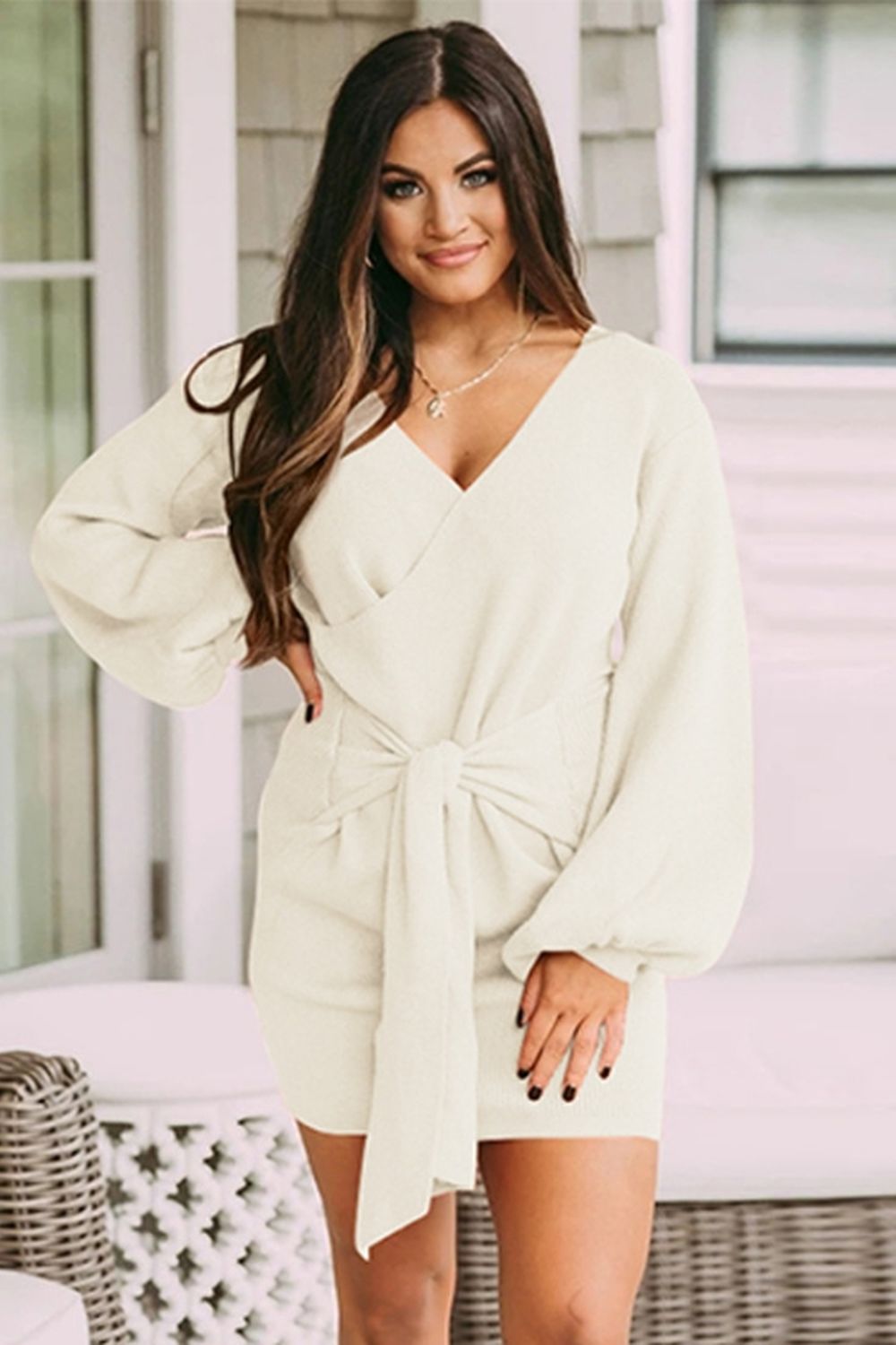 Long-Sleeved V-Neck Tie Solid Color Dress