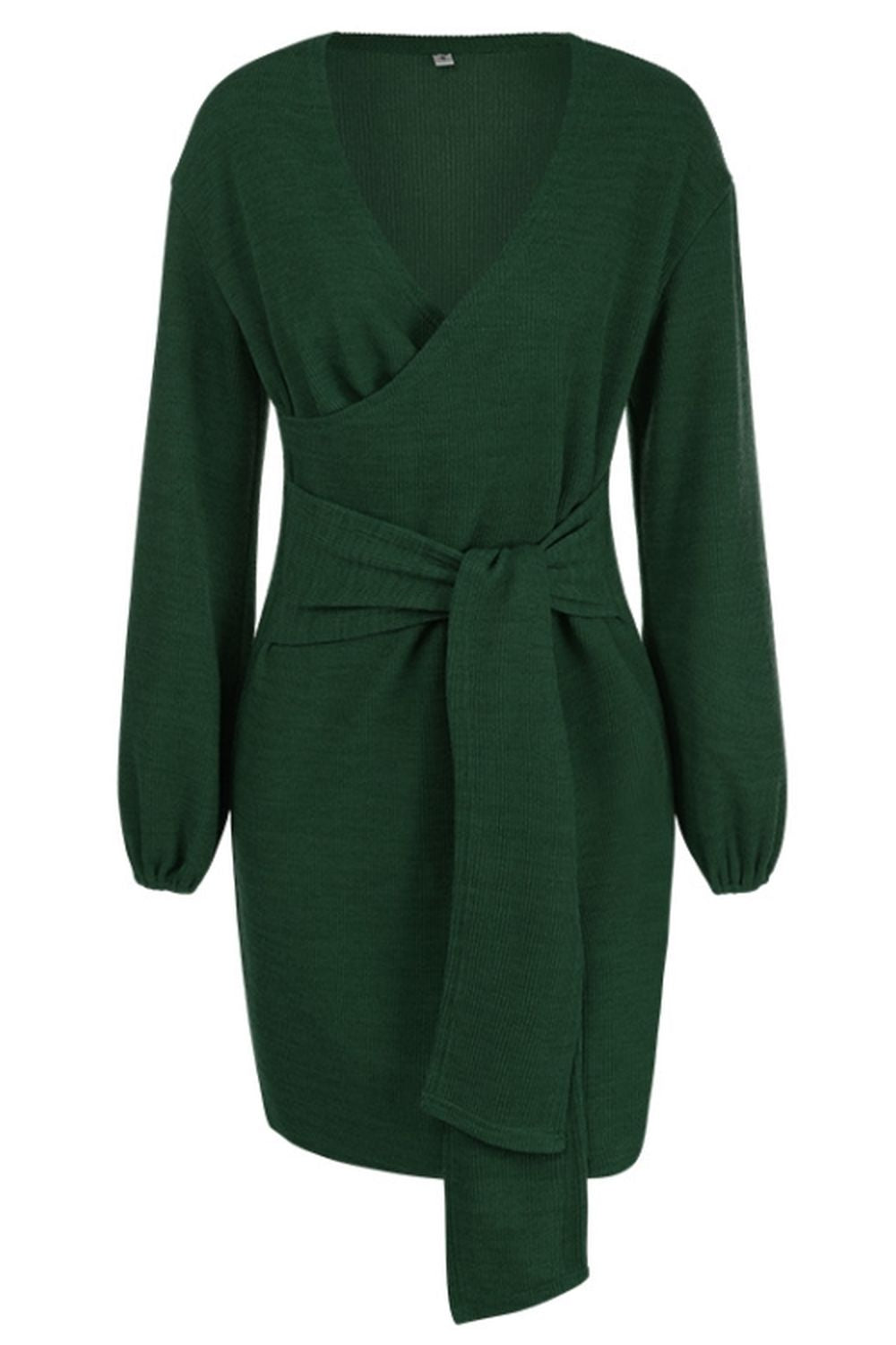 Long-Sleeved V-Neck Tie Solid Color Dress