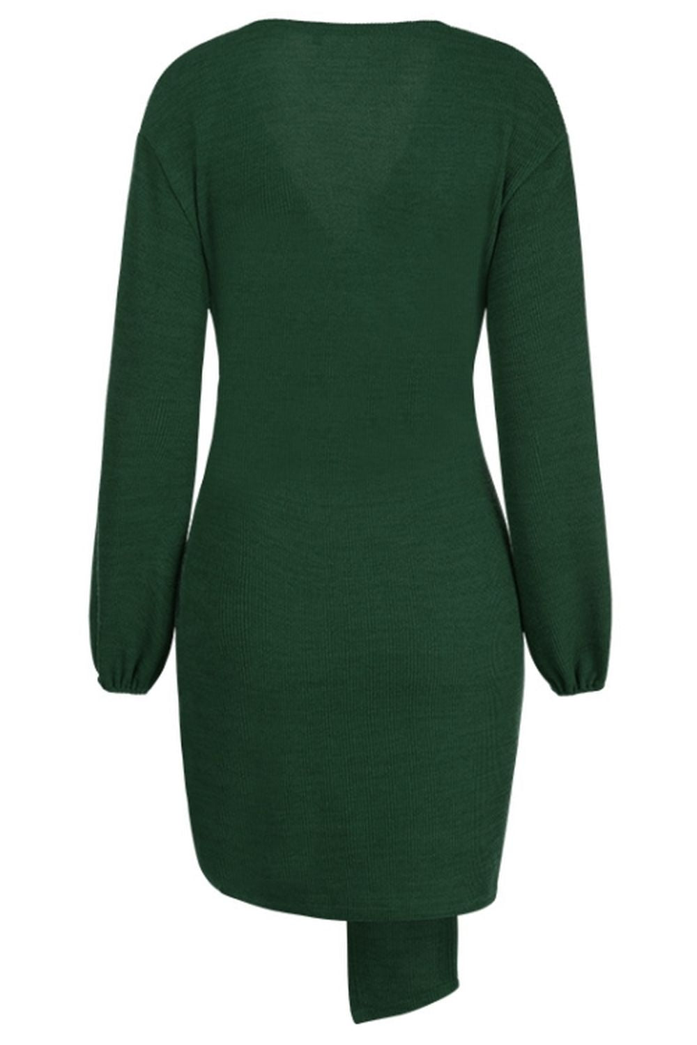 Long-Sleeved V-Neck Tie Solid Color Dress