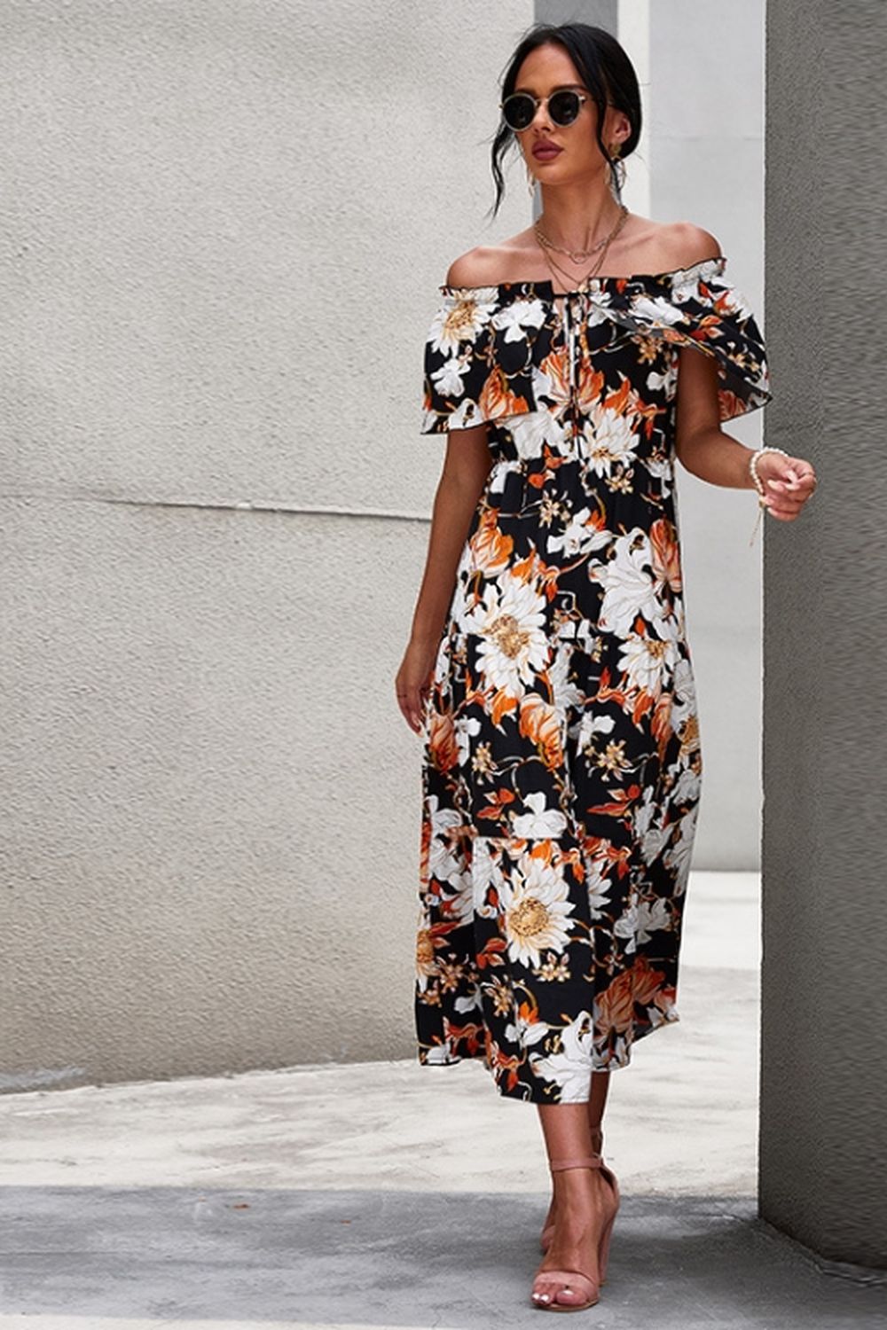 Off-Shoulder Floral Print Dress
