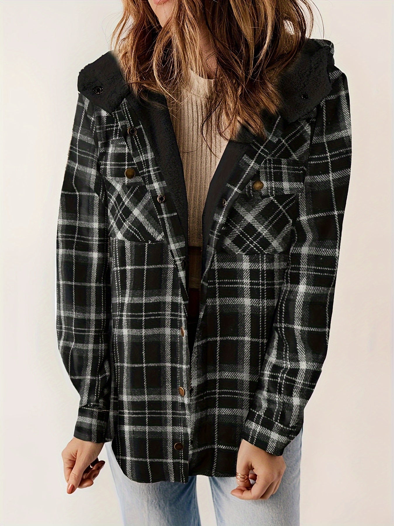 Plaid Pattern Velvet Lining Hooded Jacket