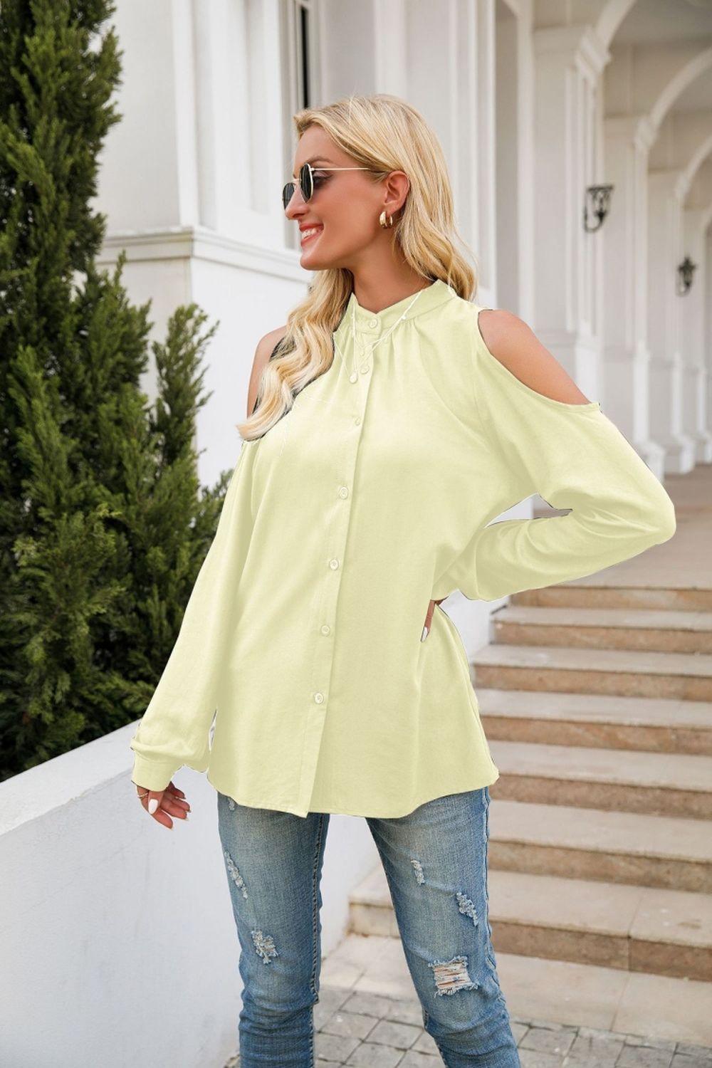 Round Neck Puff Sleeve Single-Breasted Shirt