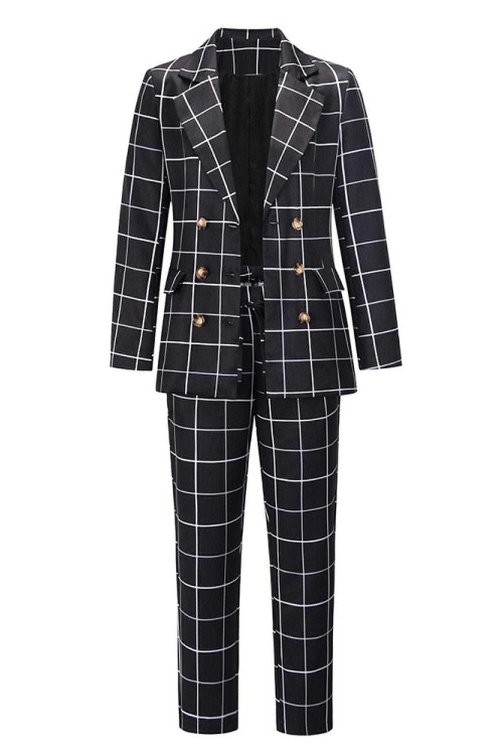 Double-Breasted Plaid Blazer Pants Suit