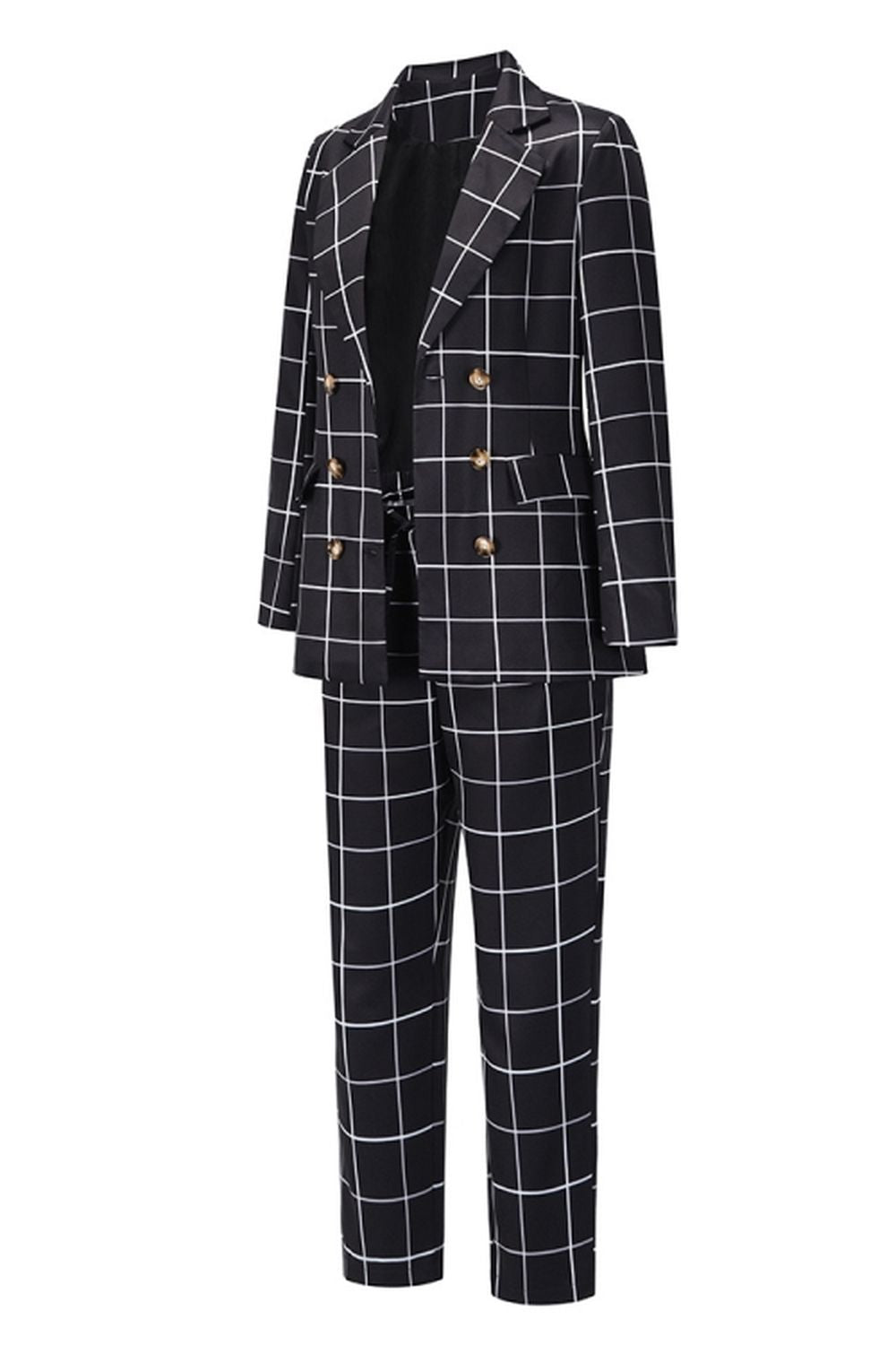 Double-Breasted Plaid Blazer Pants Suit