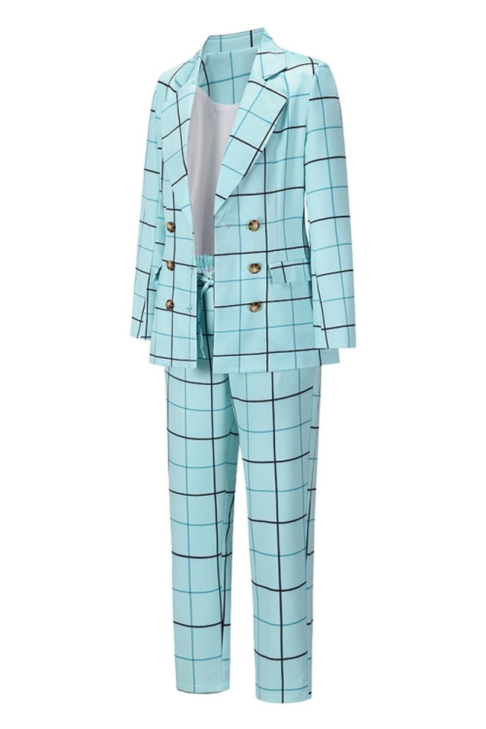 Double-Breasted Plaid Blazer Pants Suit