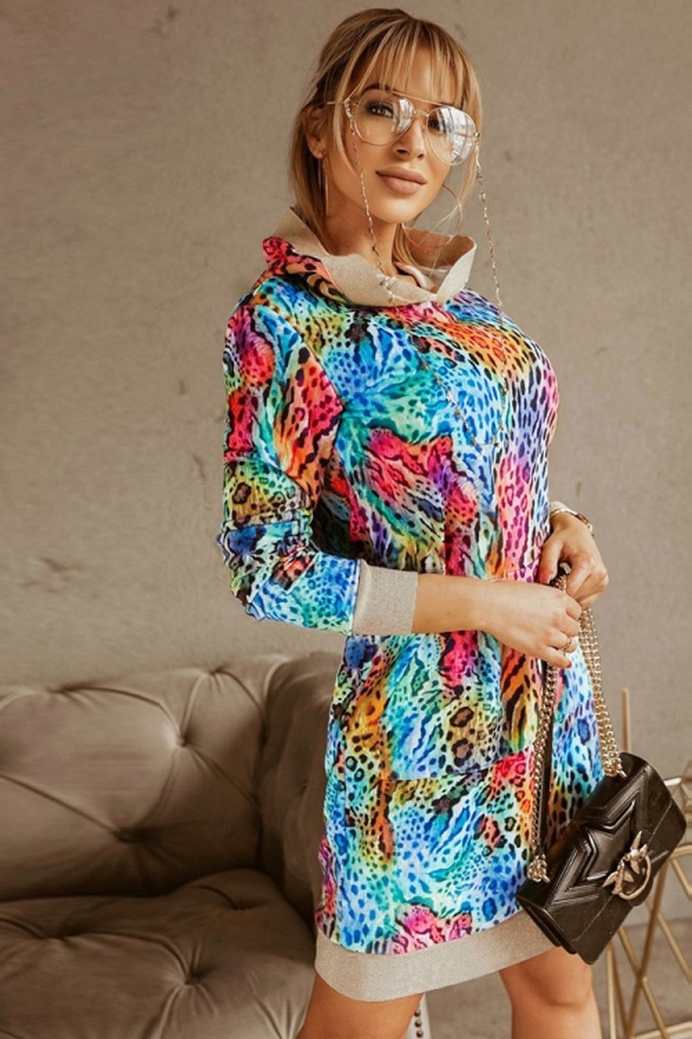 Loose Hooded Print Contrast Dress