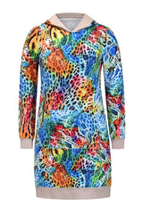 Loose Hooded Print Contrast Dress