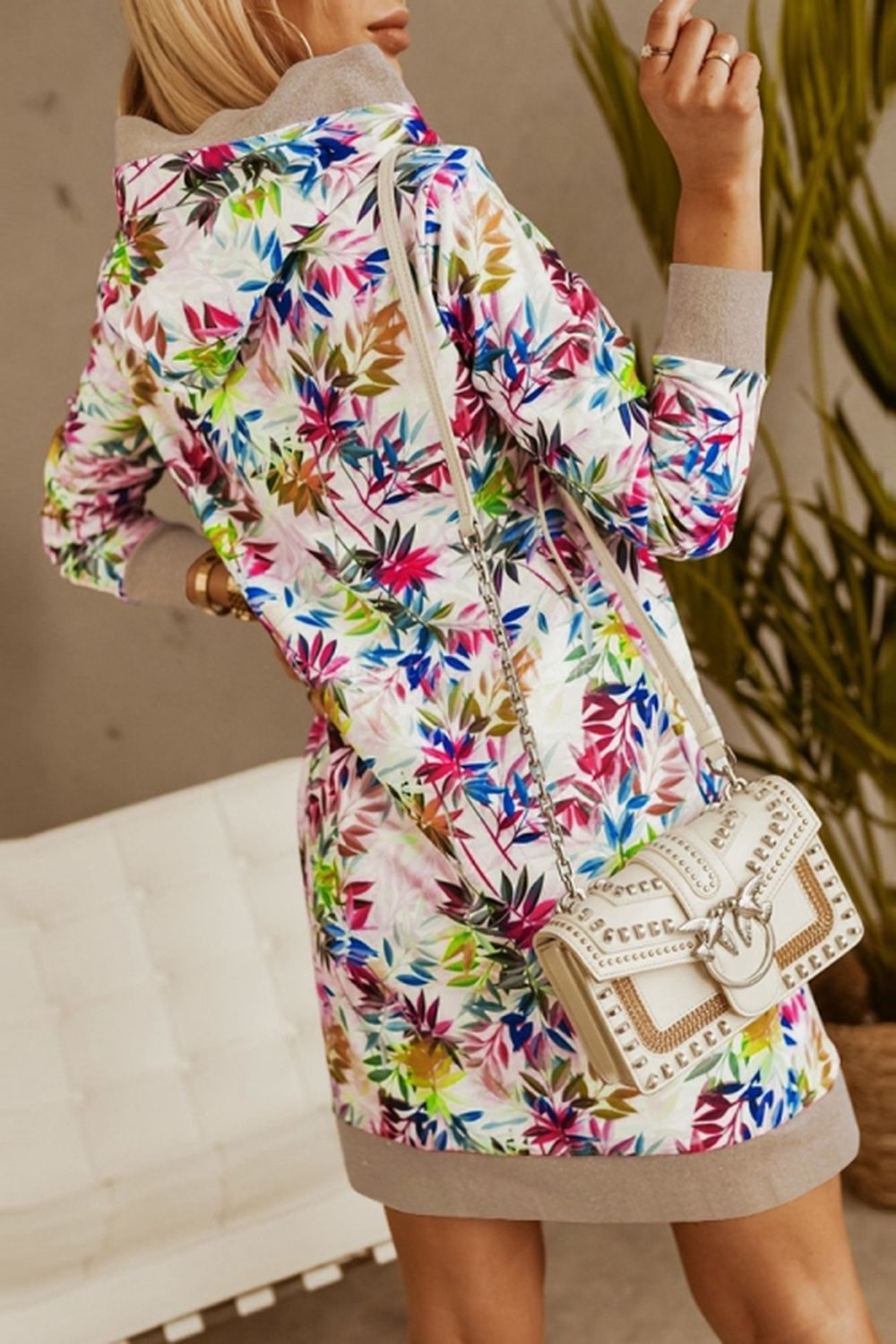 Loose Hooded Print Contrast Dress