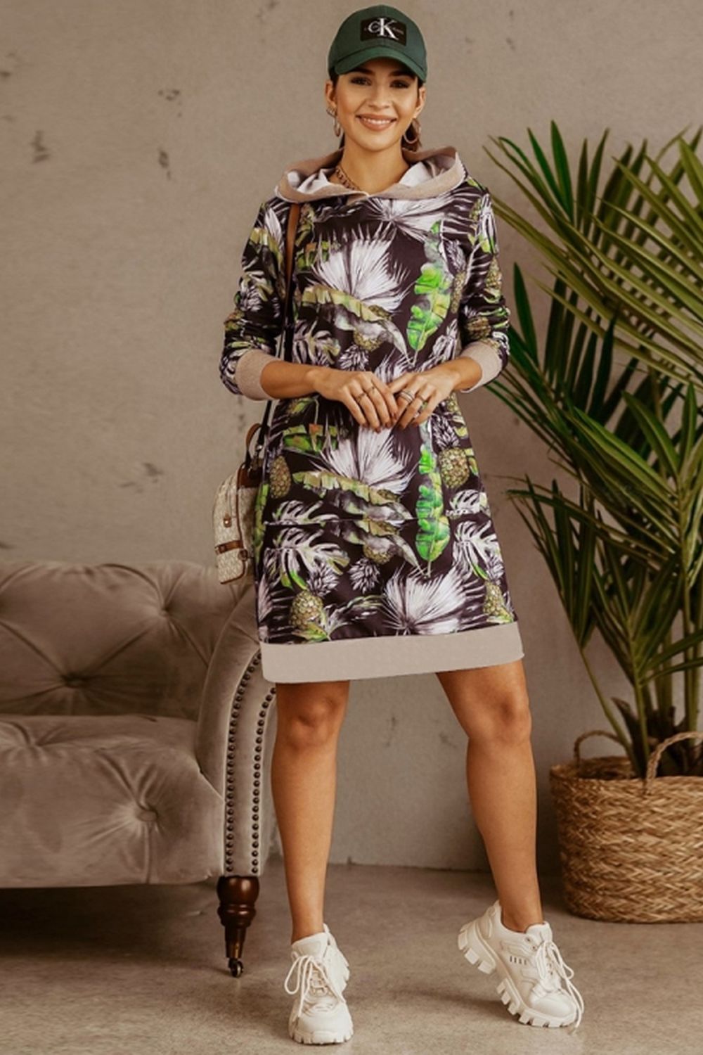 Loose Hooded Print Contrast Dress