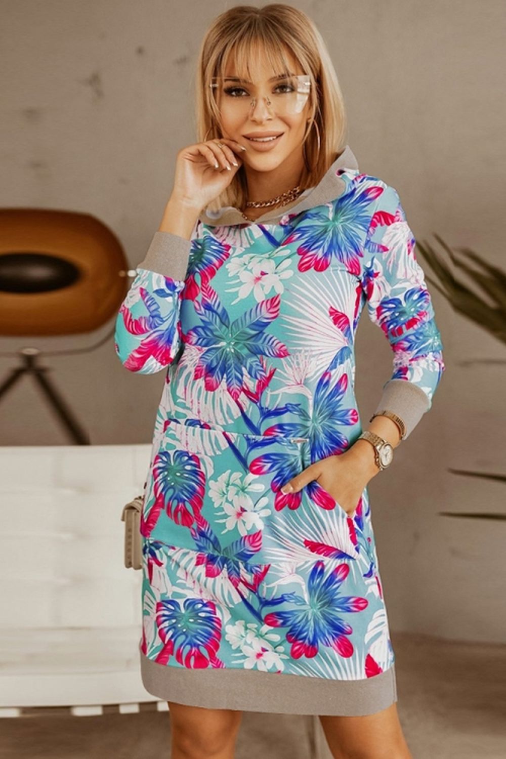 Loose Hooded Print Contrast Dress