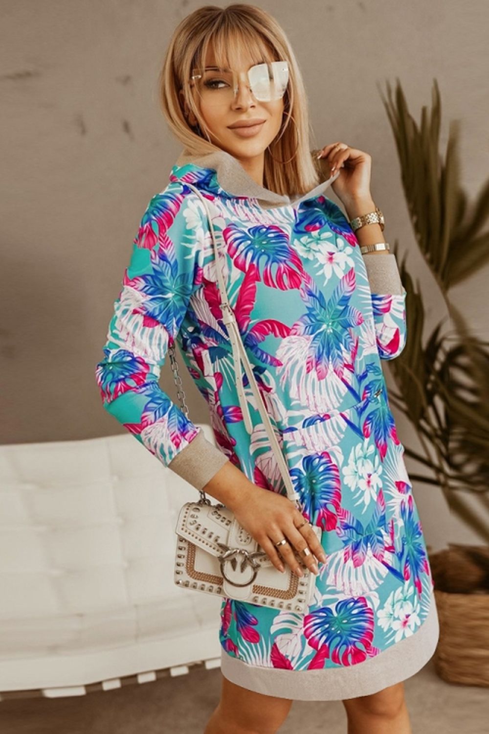 Loose Hooded Print Contrast Dress