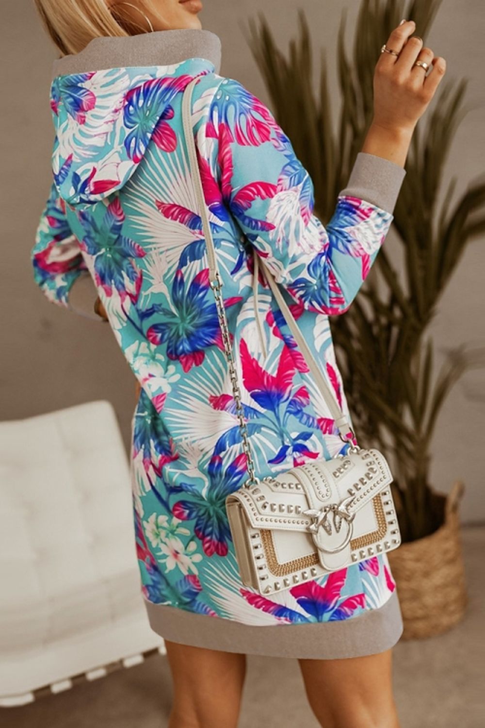 Loose Hooded Print Contrast Dress