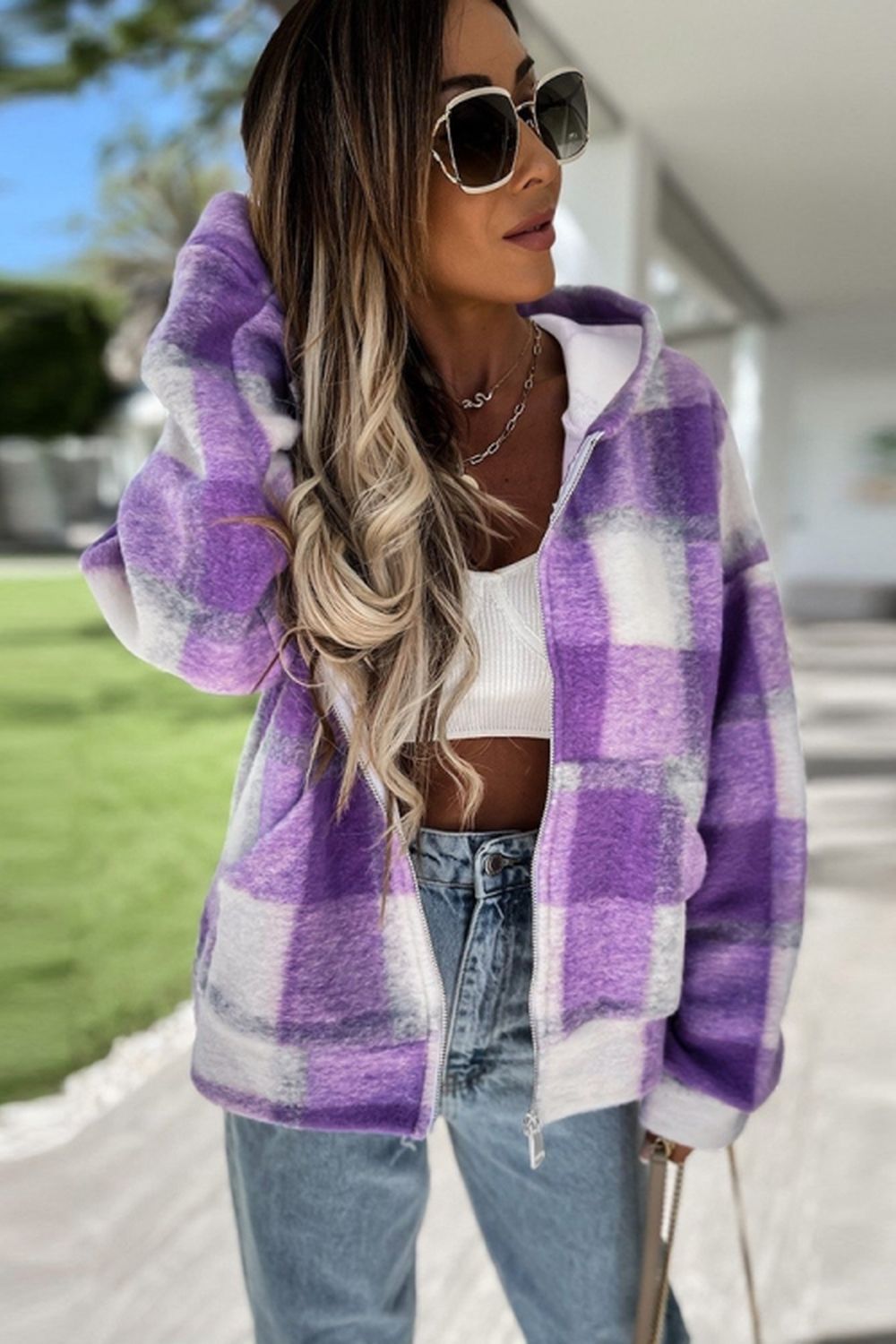 Plaid Hooded Zipper Coat