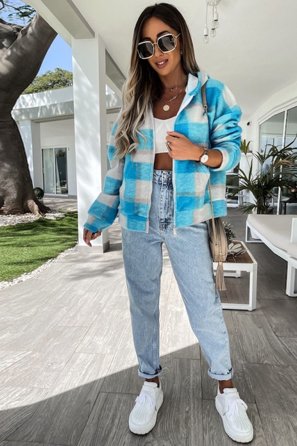 Plaid Hooded Zipper Coat