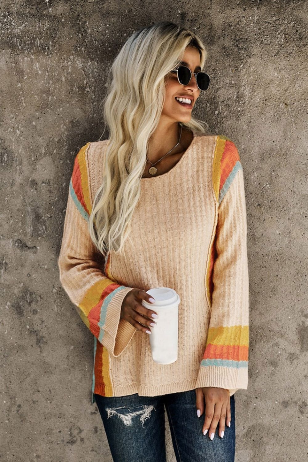 Flared Sleeve Round Neck Bottoming Pullover