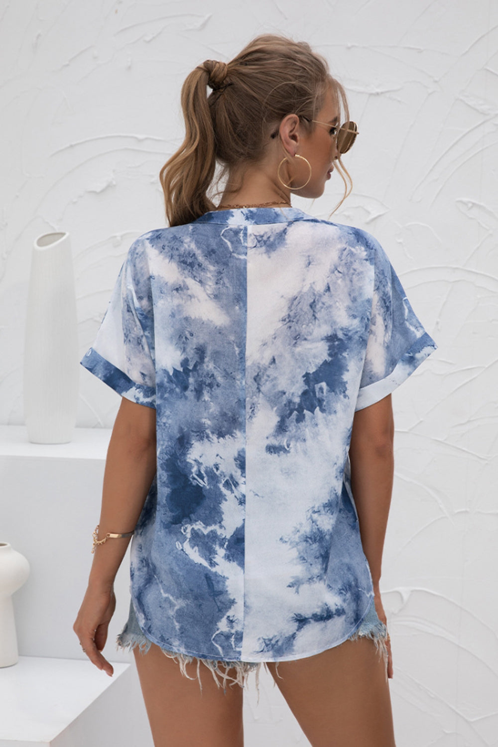 V-Neck Tie-Dye Print Chiffon Shirt