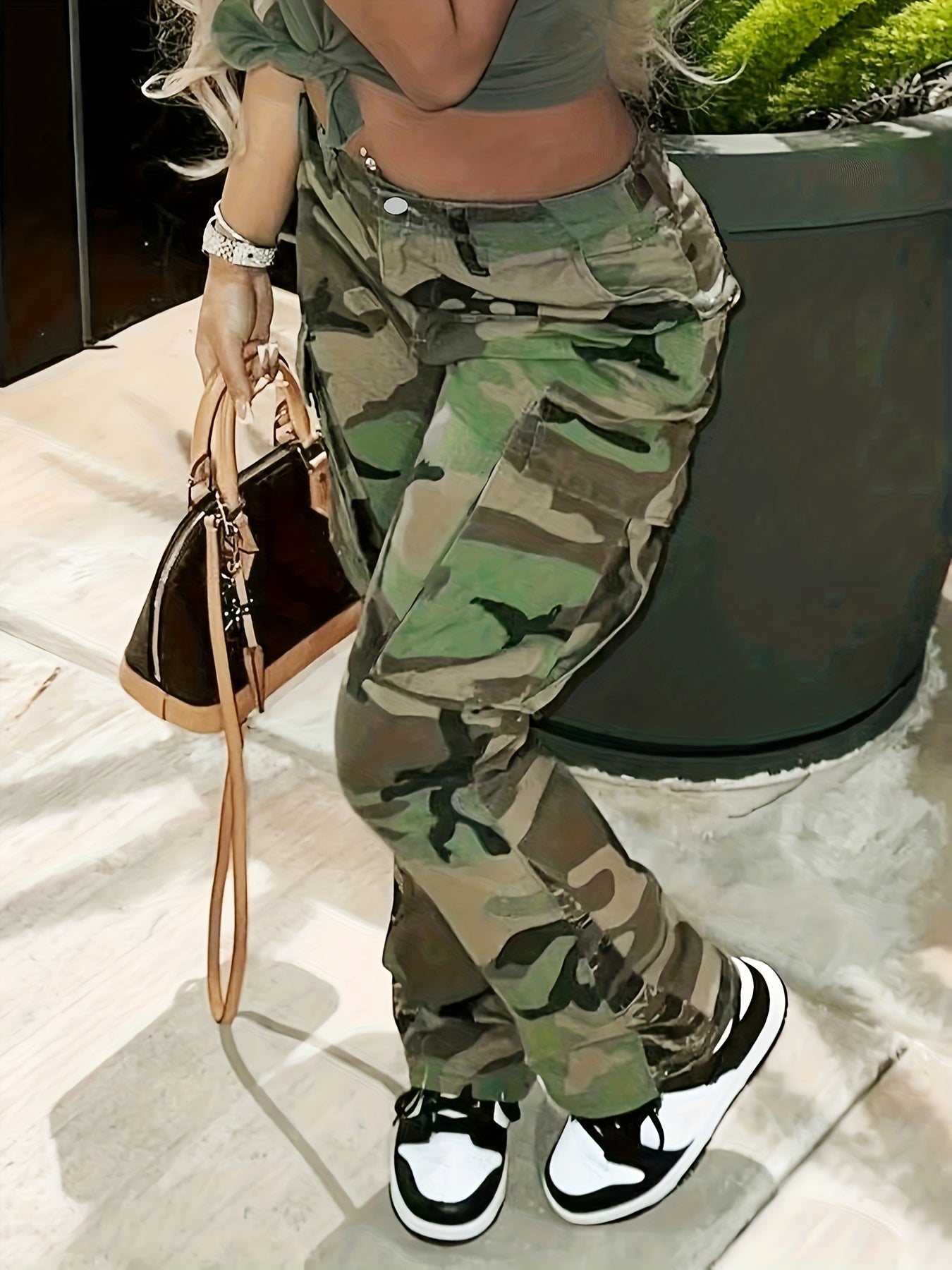 High Waist Side Flap Pocket Camouflage Cargo Jeans