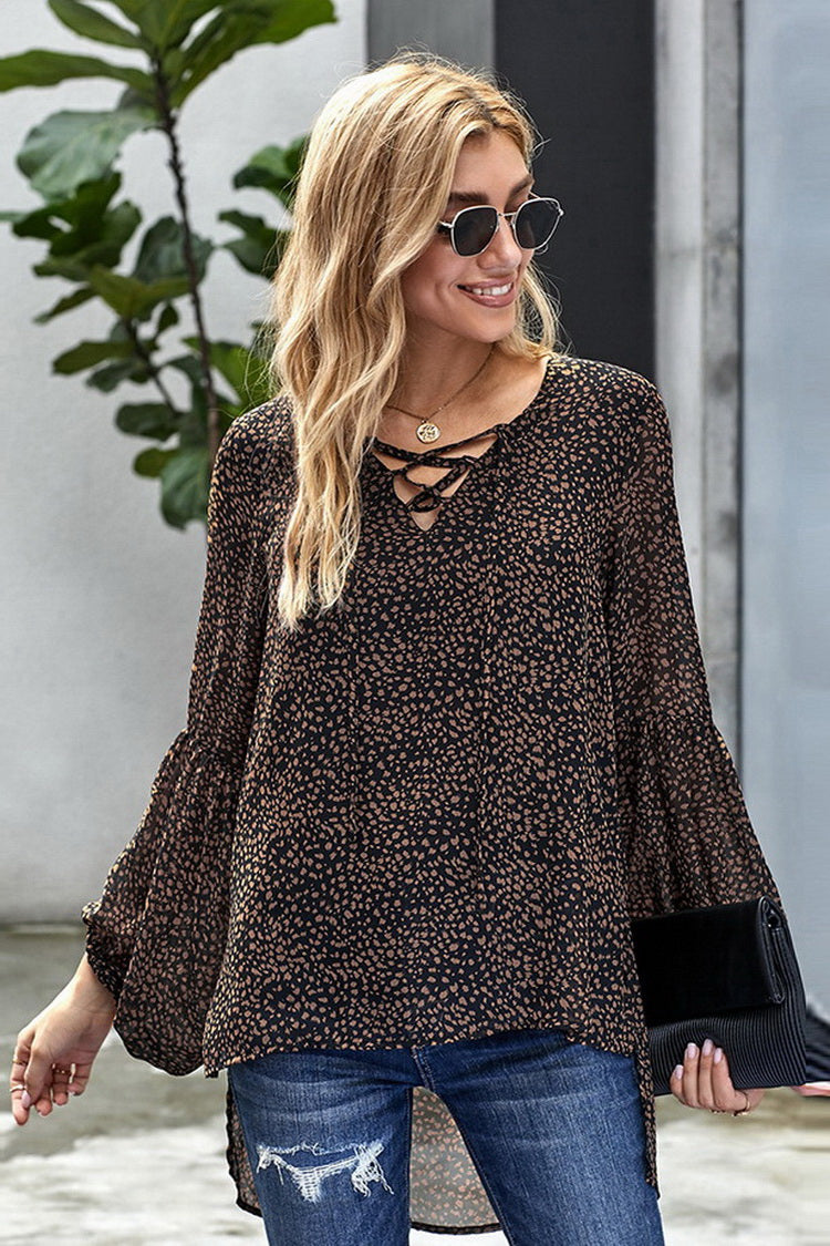 Lantern Long Sleeve Leopards Chiffon Top