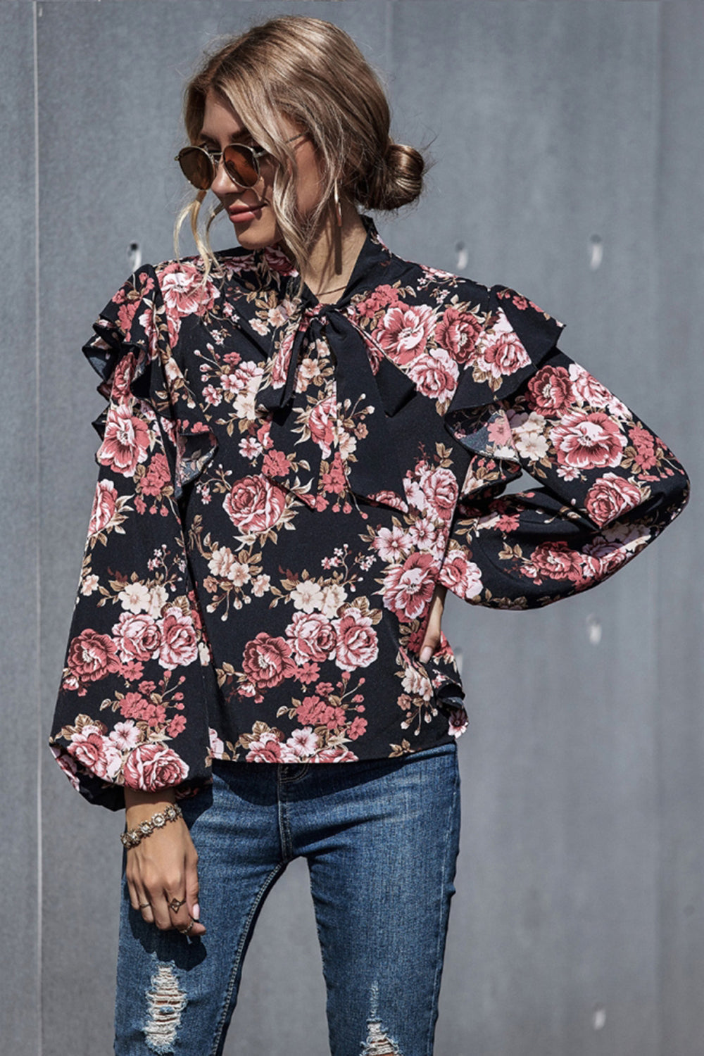 Printed Puff Sleeve Bow Shirt