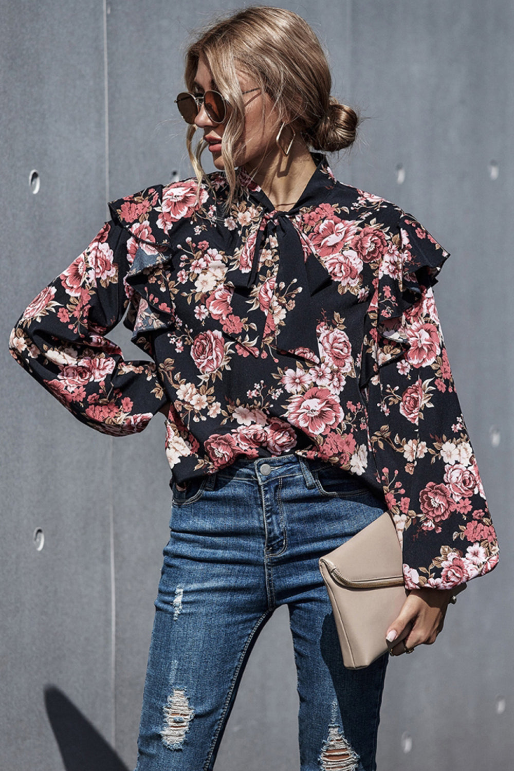 Printed Puff Sleeve Bow Shirt