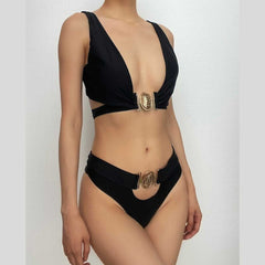 Metal applique solid self tie v neck sleeveless bikini swimwear