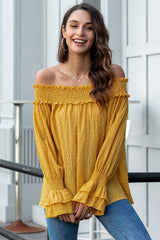 Off-shoulder Ruffled-Sleeve Loose Shirt
