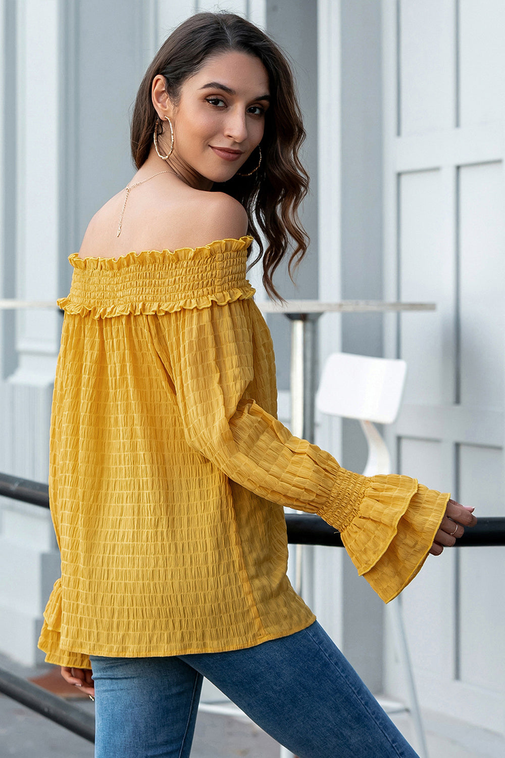 Off-shoulder Ruffled-Sleeve Loose Shirt
