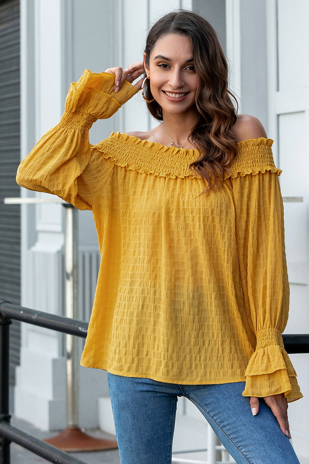 Off-shoulder Ruffled-Sleeve Loose Shirt