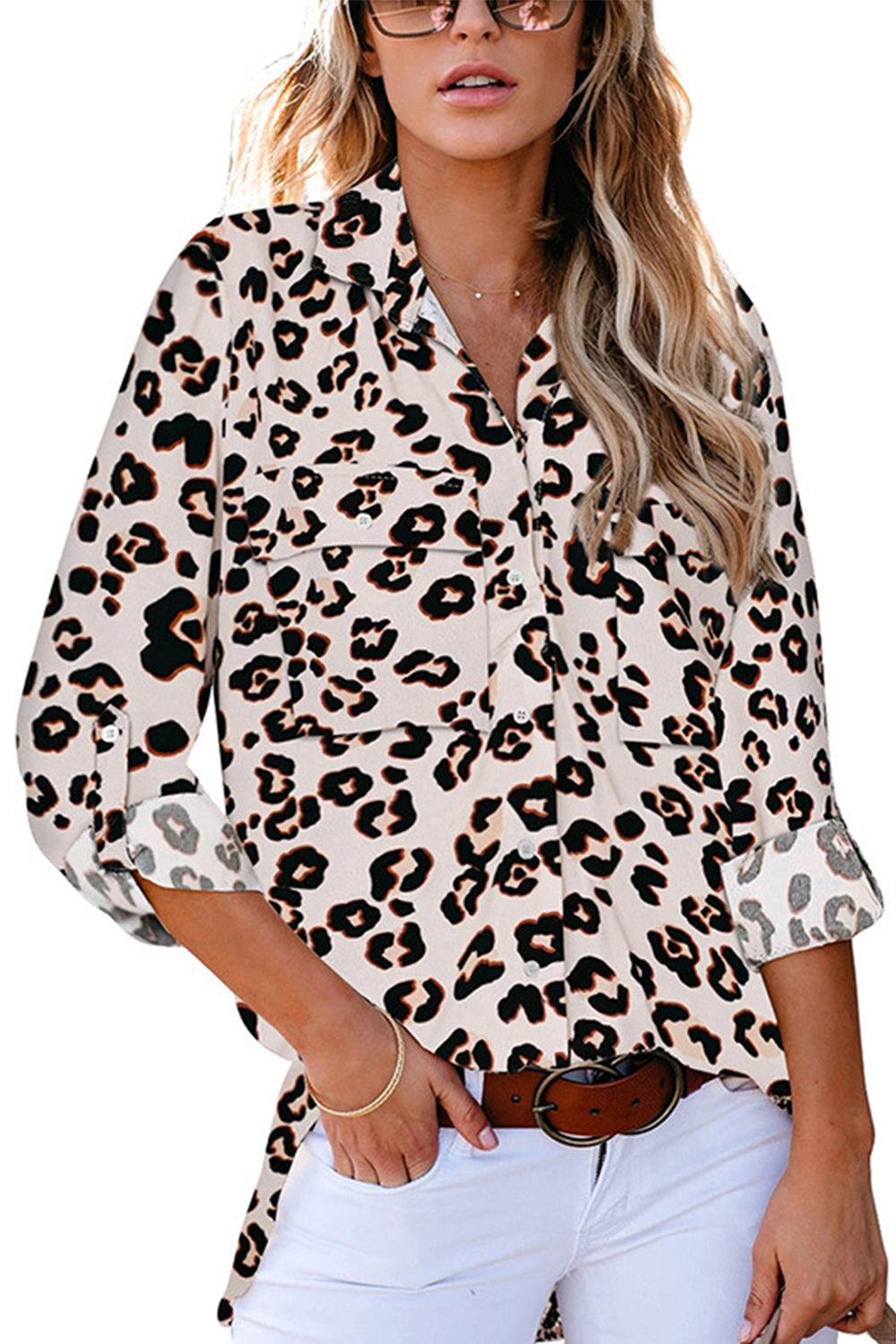 Leopard Print Nine-sleeve V-neck Blouse