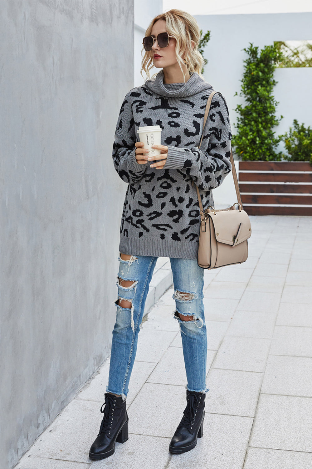 Loose Leopard Print Turn-Down Collar Sweater