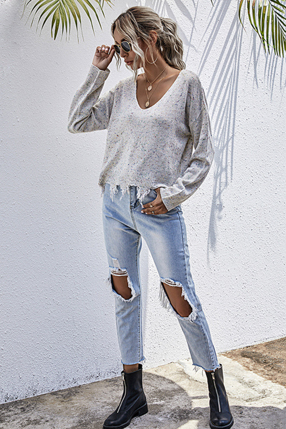 Long-sleeved Loose Knit Distressed Sweater