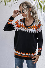 Loose Contrast Color Pullover V-neck Sweater