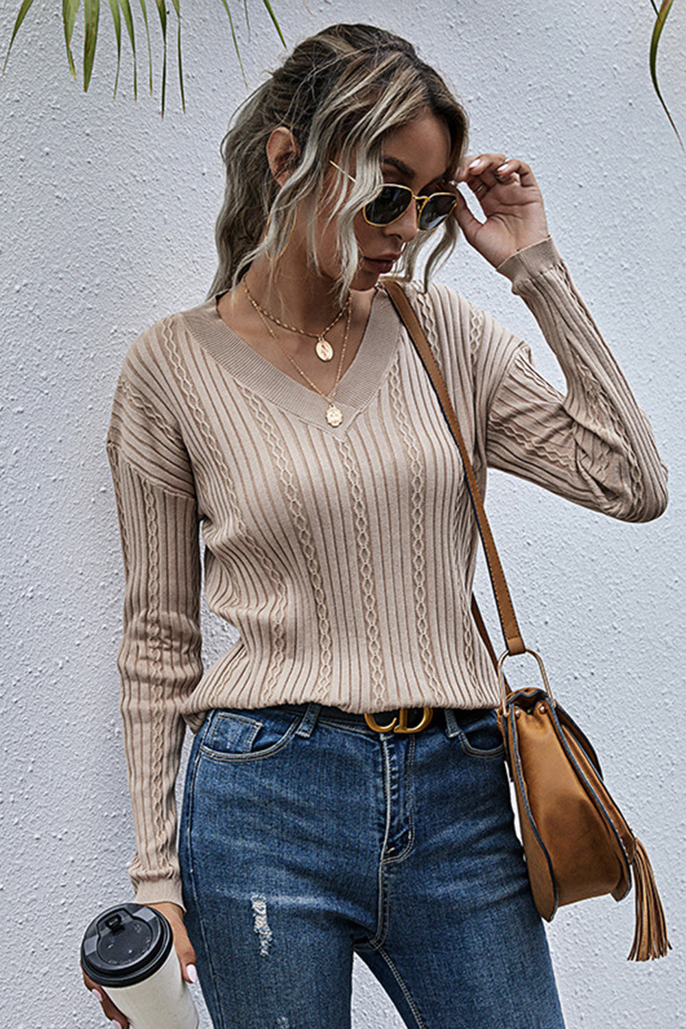 Pure Color Twisted V-neck Knitted Sweater