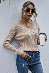 Pure Color Twisted V-neck Knitted Sweater