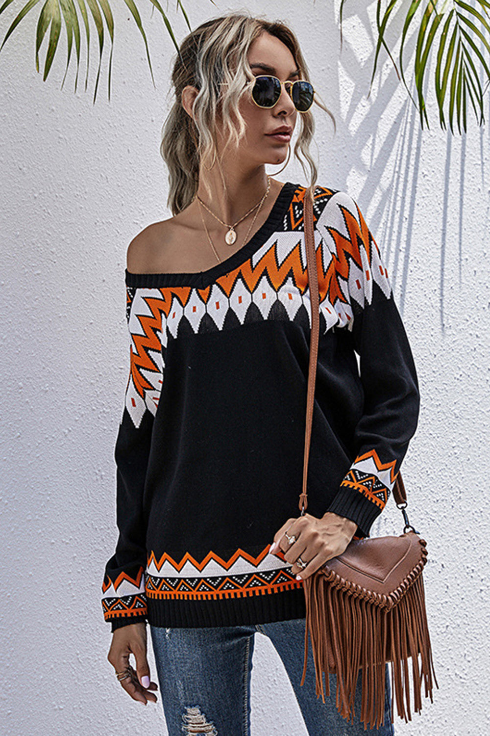 Loose Contrast Color Pullover V-neck Sweater