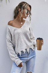 Long-sleeved Loose Knit Distressed Sweater
