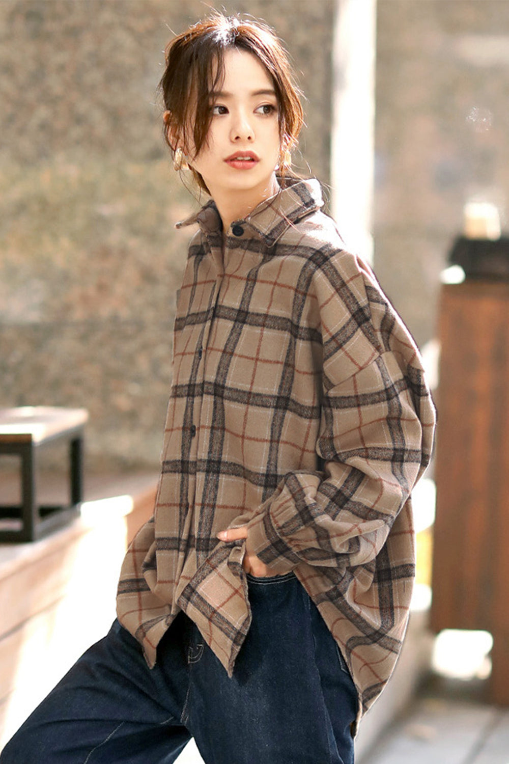 Single Breasted Tweed Plaid Flannel Shirt