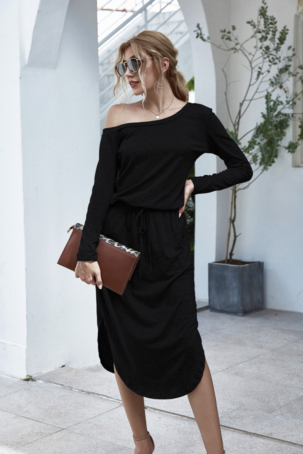 Off Shoulder Lace Up Pocket Slit Dress